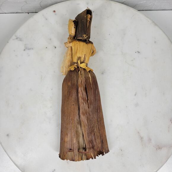 Vintage Corn Husk Doll 9" Tan Brown Handmade Woman Baby Face Hair Folk Art Fall - Picture 7 of 12